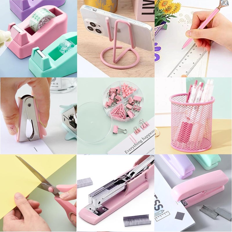 Famassi Pink Office Supplies, Pink Desk Accessories, Stapler, Staple Remover, Tape Holder, Pen Holder, Ballpoint Pen, Scissor, Binder Clips, 1000pcs Staples, Phone Holder, Ruler, Transparent Glue and Notes - Image 5